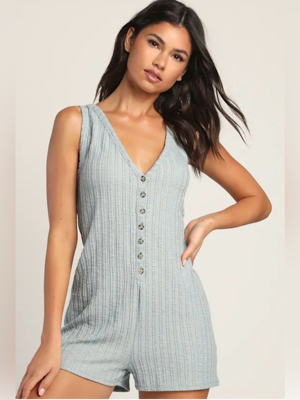 Lulus Let's Go Unwind Sage Green Knit Button-Front Lounge Romper Large NWT